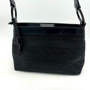Black Vintage Fossil Shoulder Bag Basket Weave Textured Outside Cotton Interior